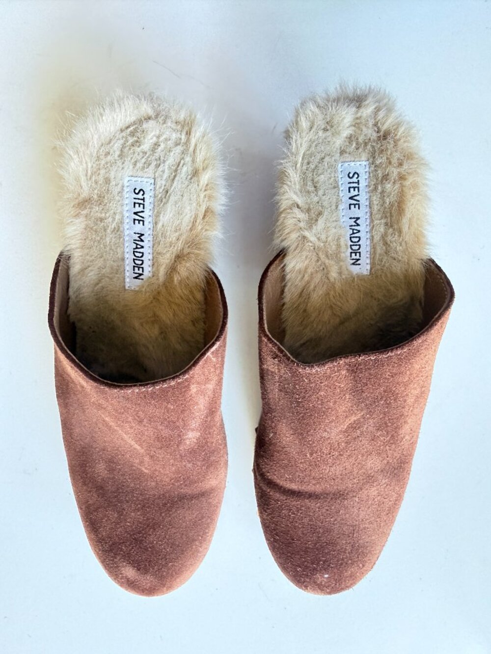 Steve Madden Brooklyn brown suede clog with a plush faux-fur lining.